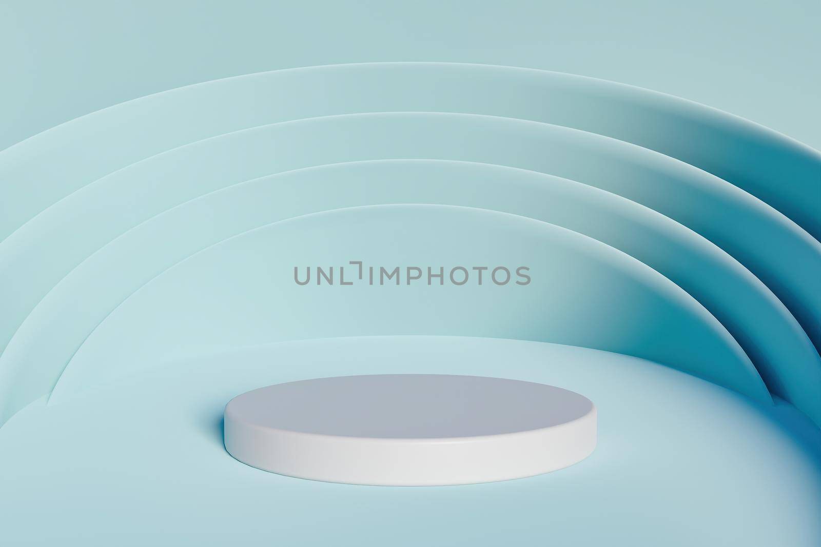 product stand with blue background and circular shapes surrounding a white cylinder. 3d rendering