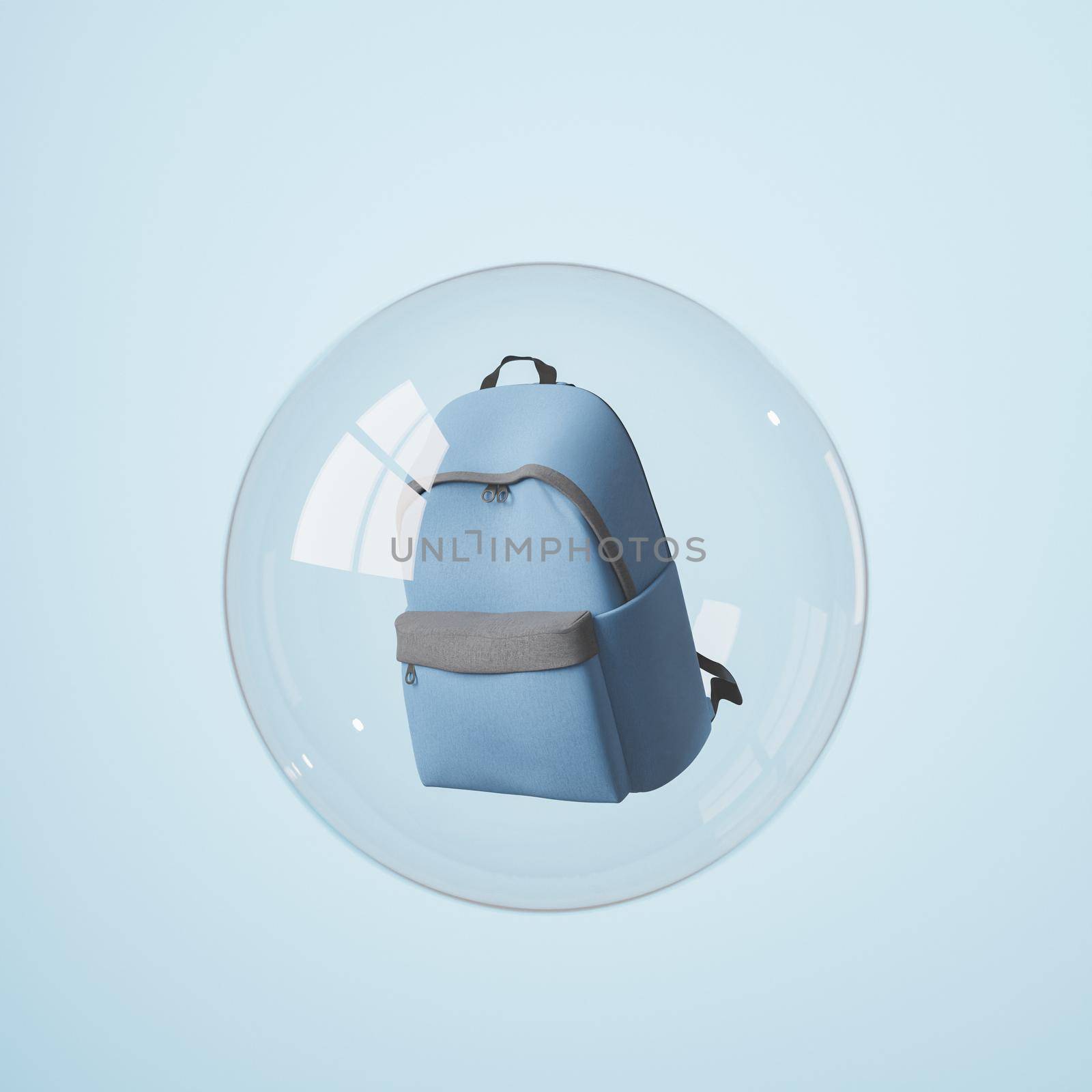 school backpack covered by a glass sphere with window reflections. concept of isolation, coronavirus and back to school. 3d render