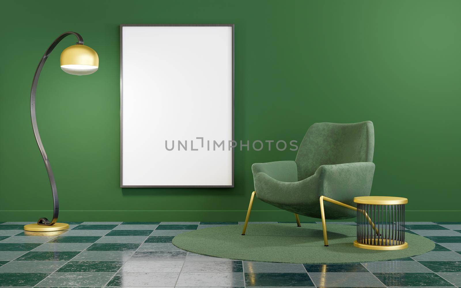 green and gold minimalist interior with frame mock up by asolano