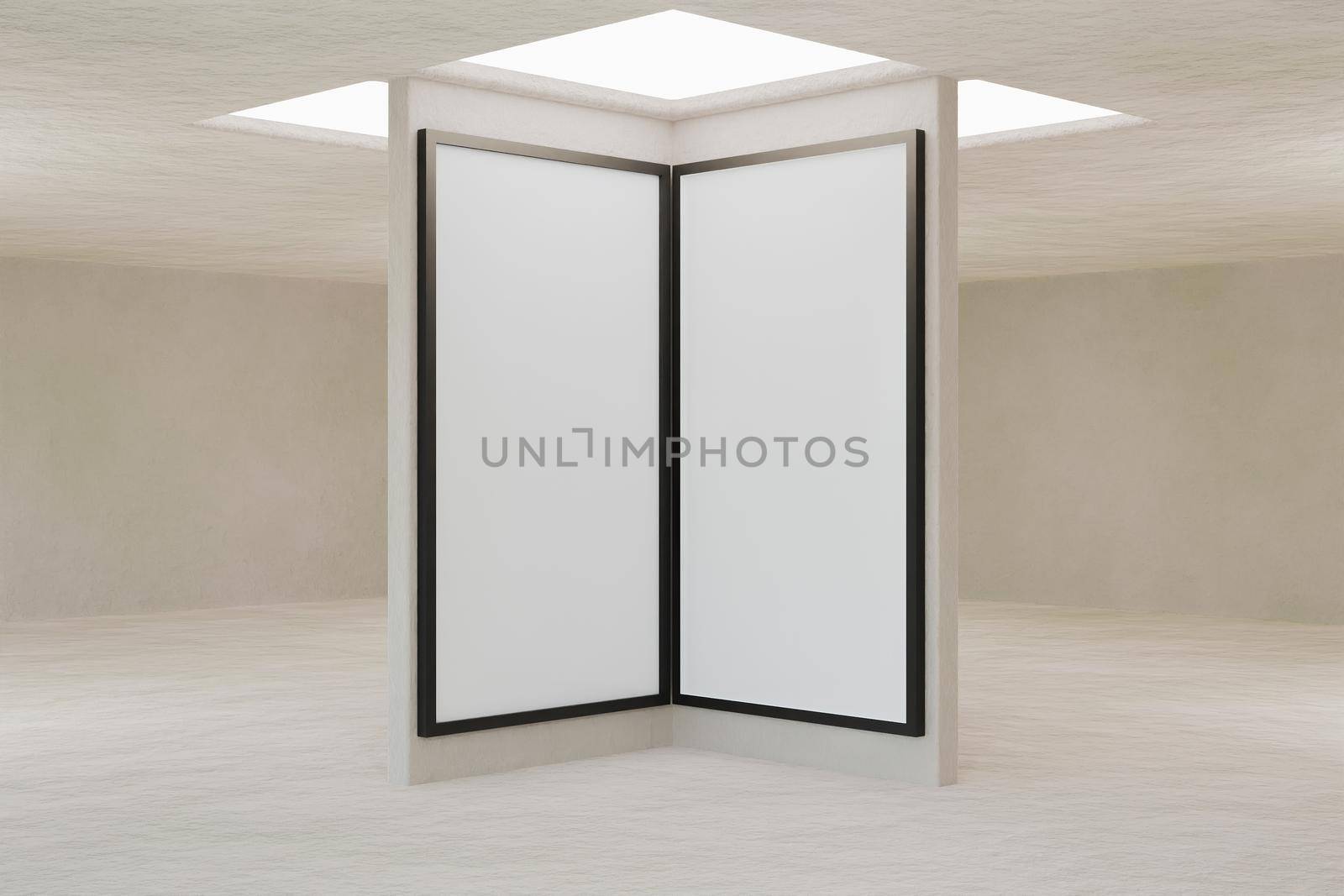 interior of empty room with roof window and mockup of frames in the center. 3d rendering