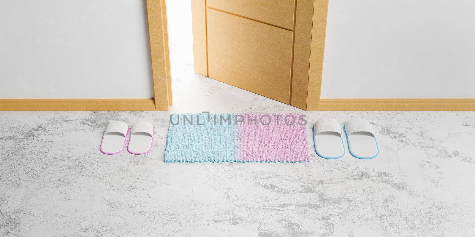gradient pastel colored mat and slippers in front of an open door. 3d rendering