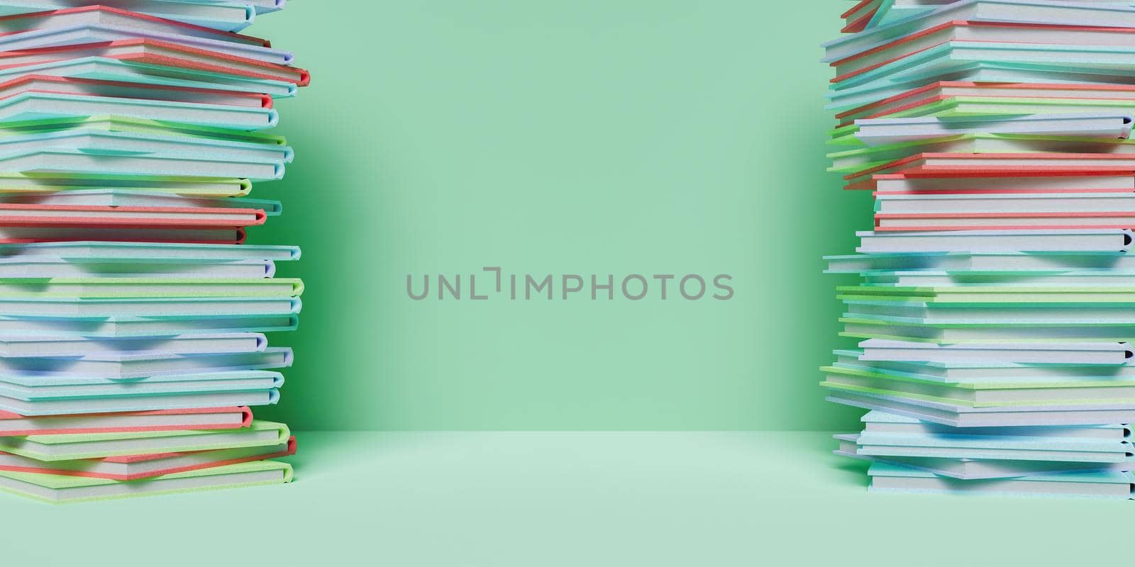 banner of colored book columns on the sides with pastel green background. 3d rendering
