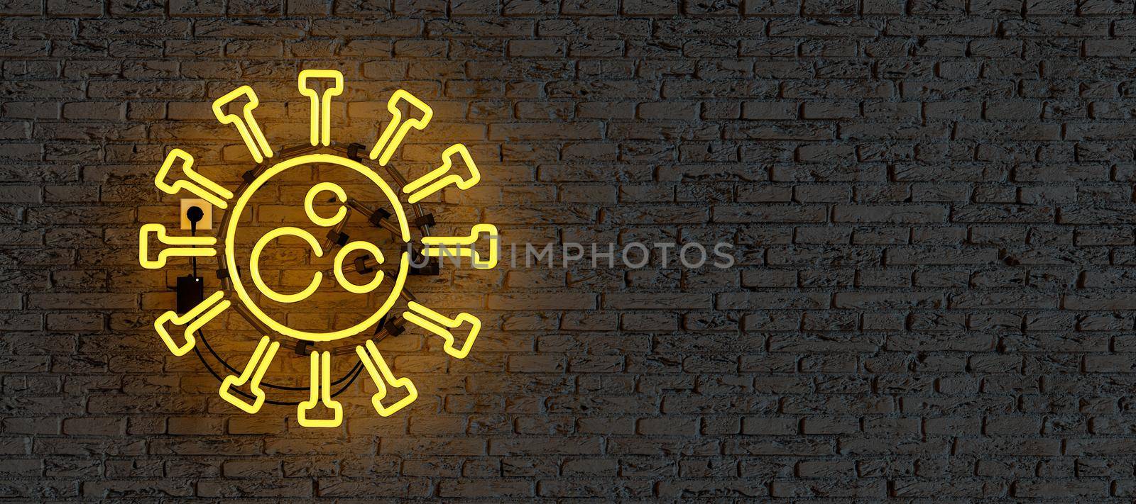 neon with COVID logo illuminated on brick wall with copyspace. 3d rendering