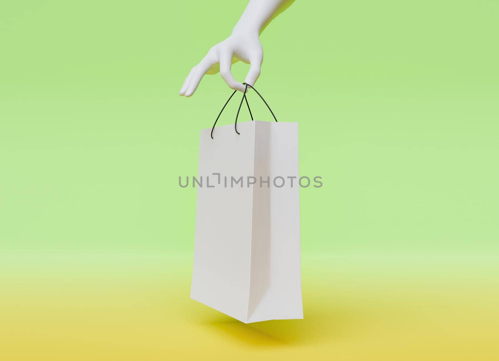 mockup of white shopping bag held by a white hand on pastel color gradient background. 3d render