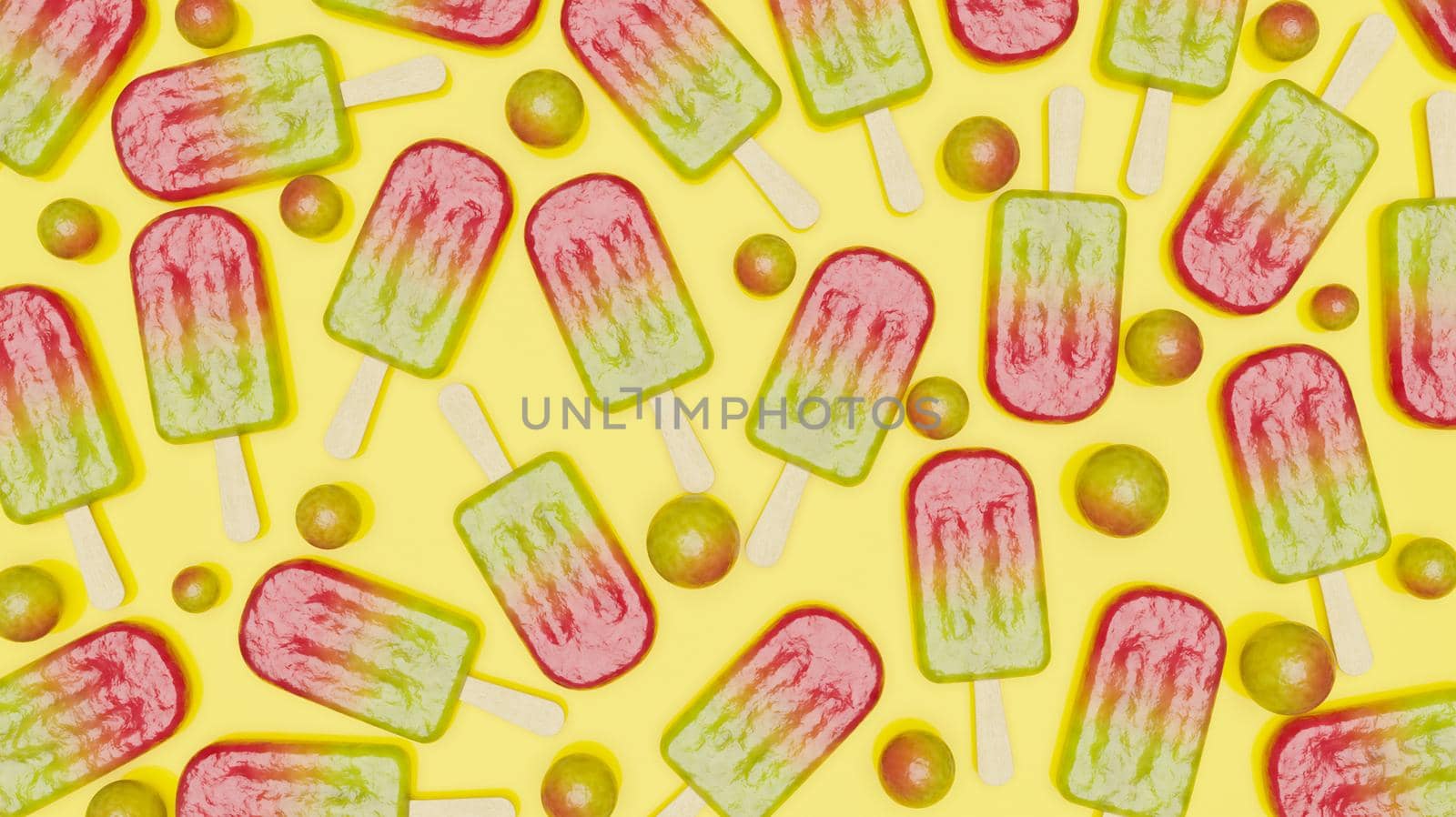 candy ice lolly pattern with gradient color and messy spheres on pastel background. 3d render