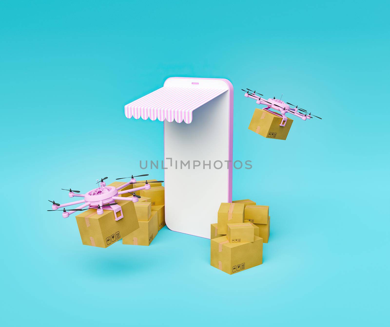 drones delivering packages on a mobile phone. futuristic online commerce concept by asolano