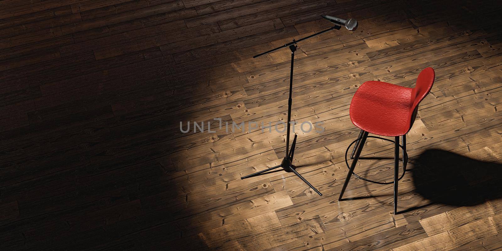 microphone and stool illuminated by a spotlight in a theater with space for text. 3d render