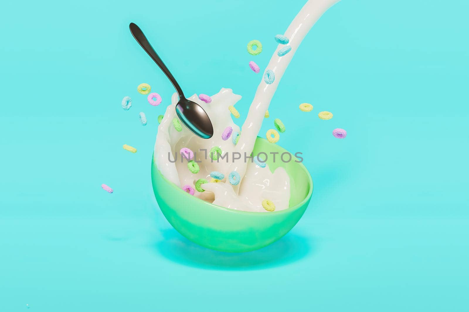 Ceramic bowl with splashes of milk and cereal falling with pastel colors and a spoon floating in the air. 3d render