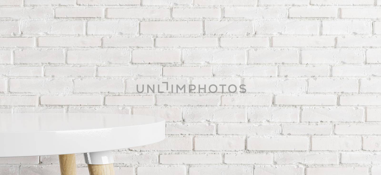 close up of white table for product display with white brick wall in background in bright room. 3d render