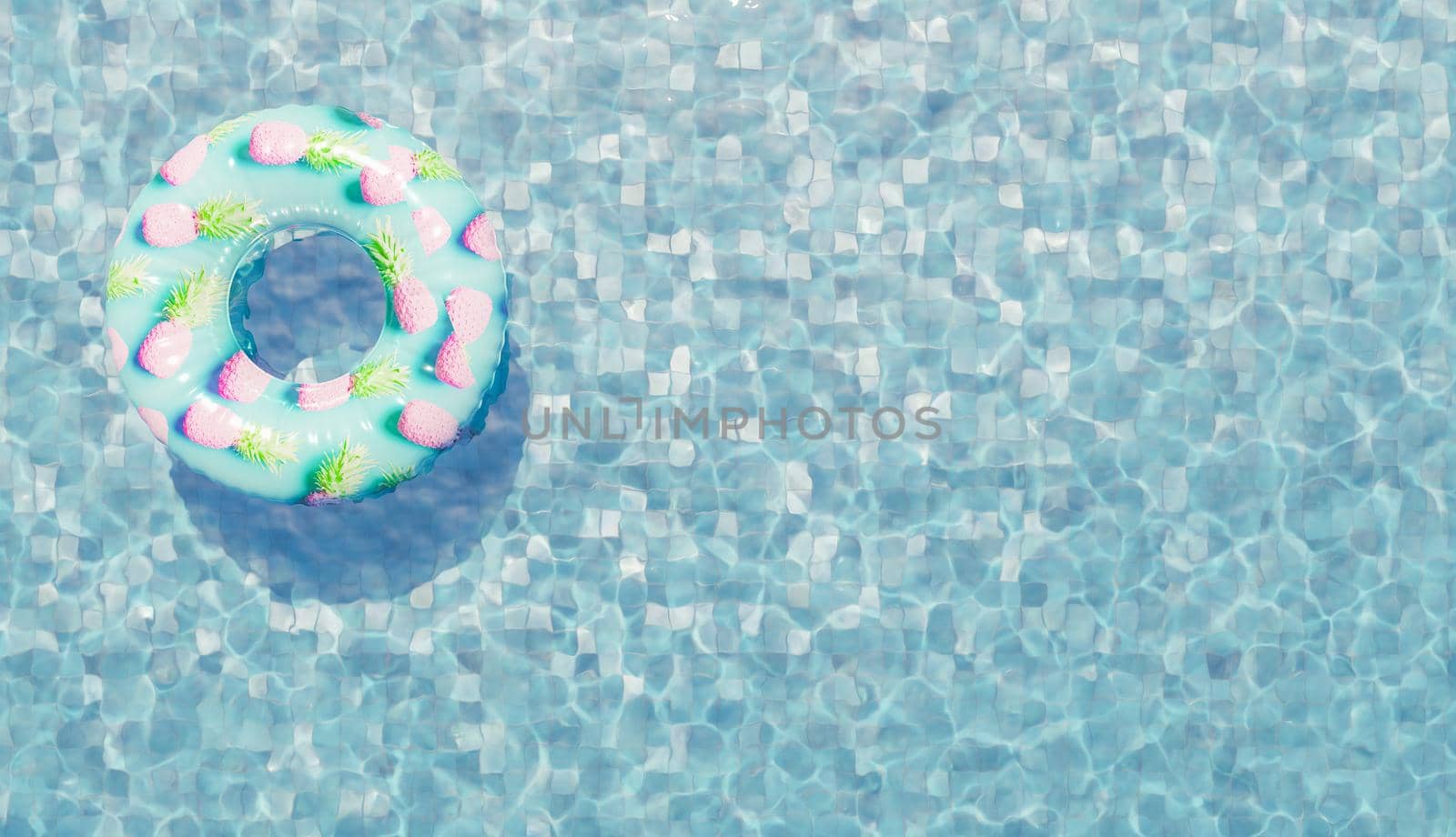 float ring with pink pineapple pattern on pool water and space for text. 3d render