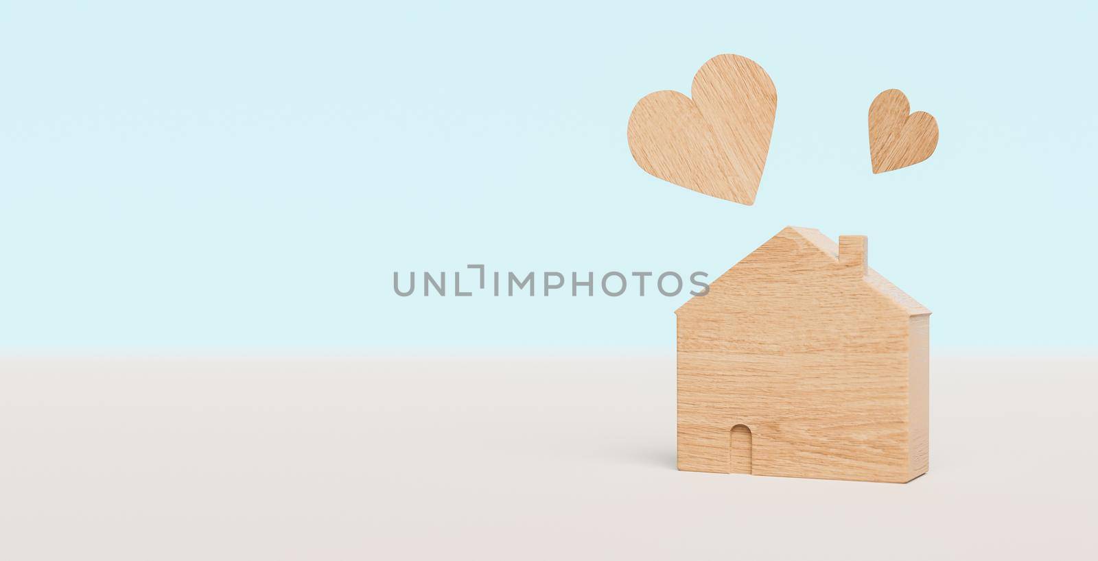 wooden house with hearts floating on top with blurred background. 3d render