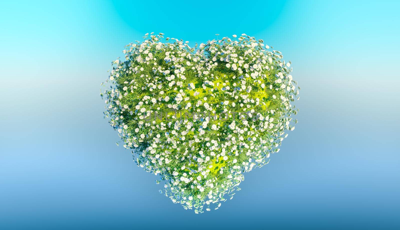 heart of white flowers on sky background. 3d render