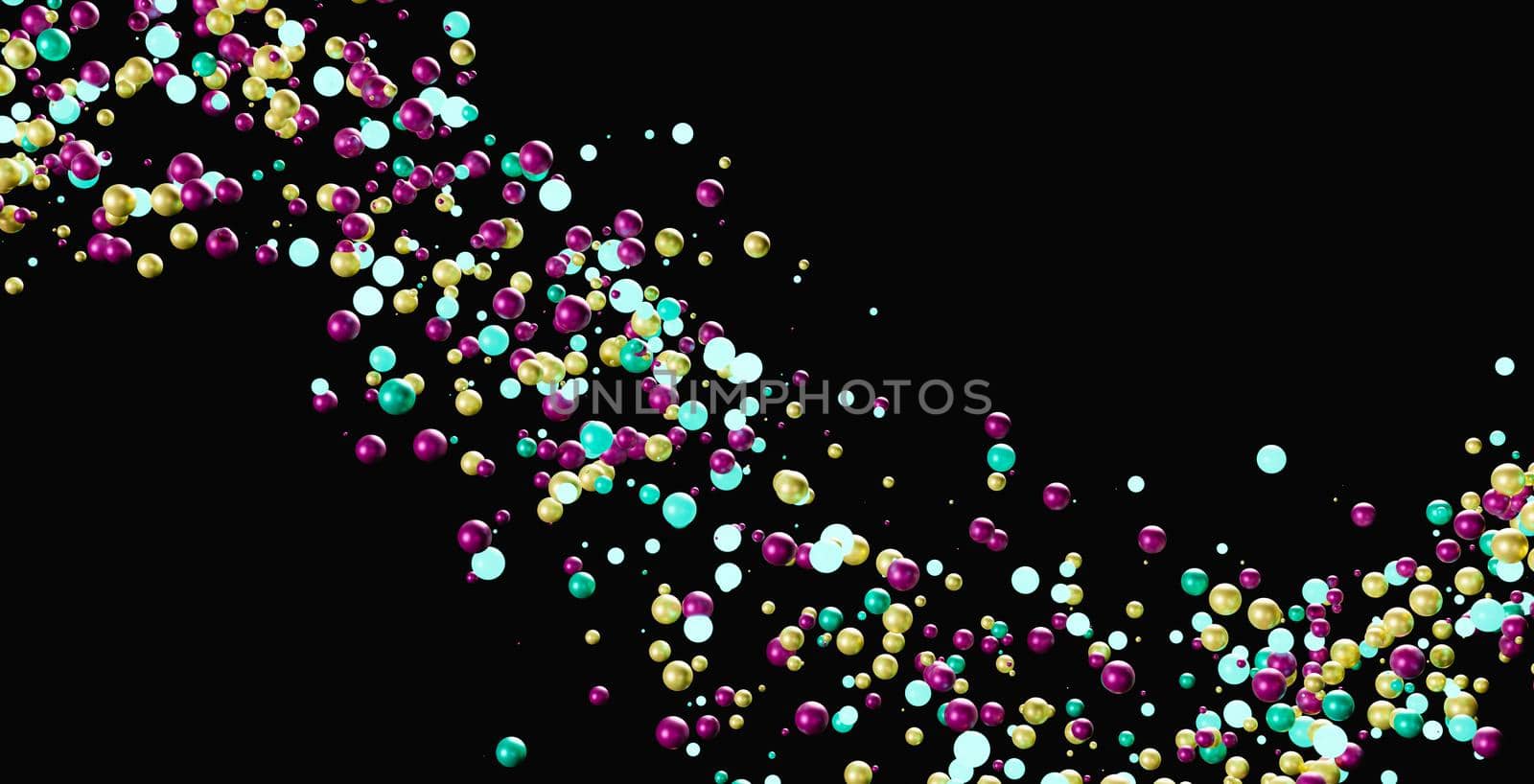 abstract background of brightly colored spheres in wave shape on black background. 3d render