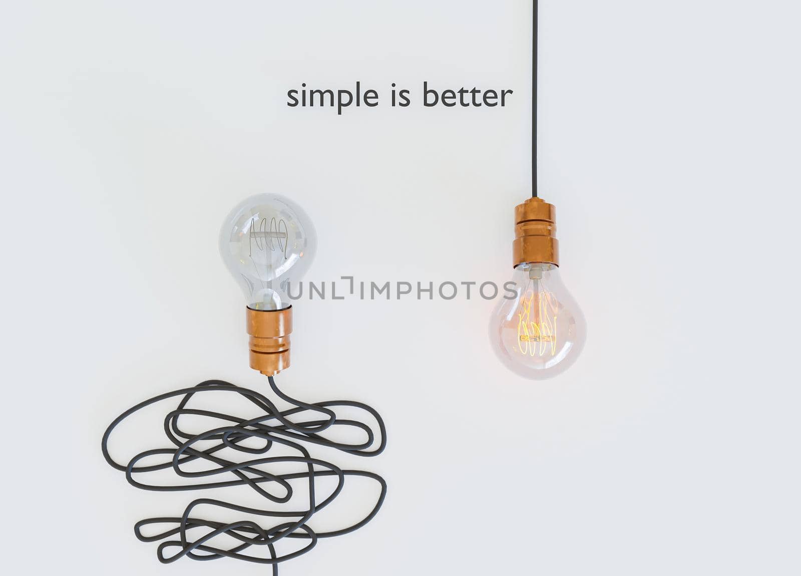 light bulb with tangled wire off and one with single wire on. simple is better. easy way. concepts. 3d render