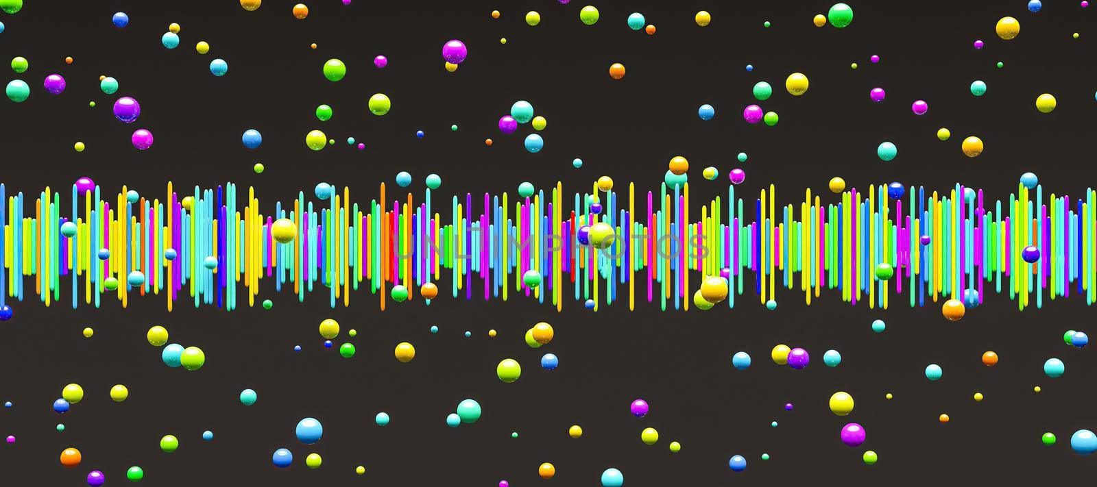 sound wave bars of all colors with spheres around on dark background. music concept. 3d render