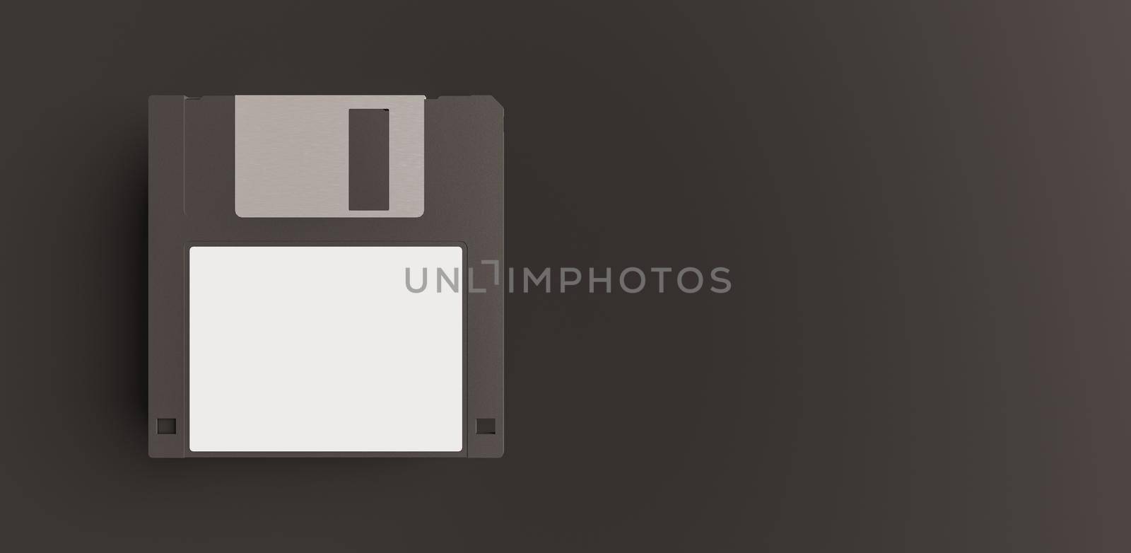 mockup of black floppy disk with white label on dark background and space for text. 3d rendering
