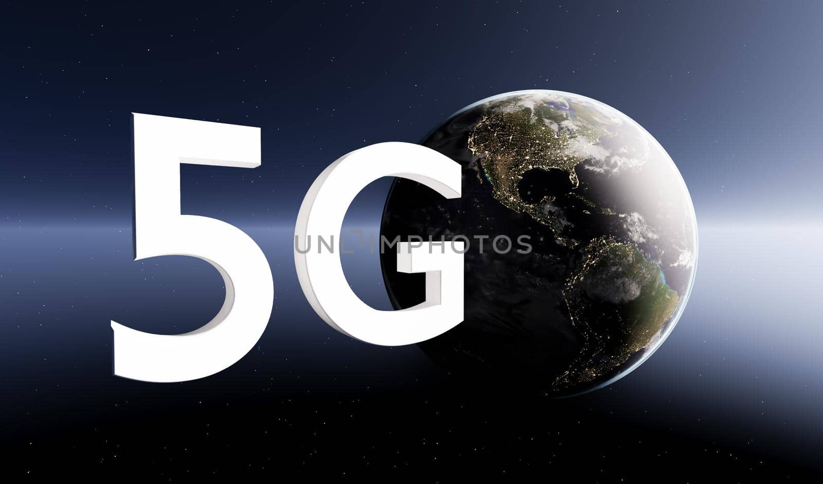 planet earth on starry background with sunlight halo with the word 5G. 3d render