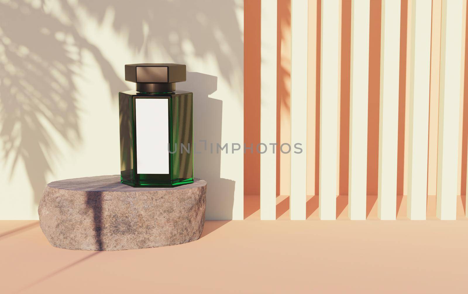 mock-up of green glass boat with white label on a rock and abstract background of linear shapes and palm tree shadow. 3d rendering