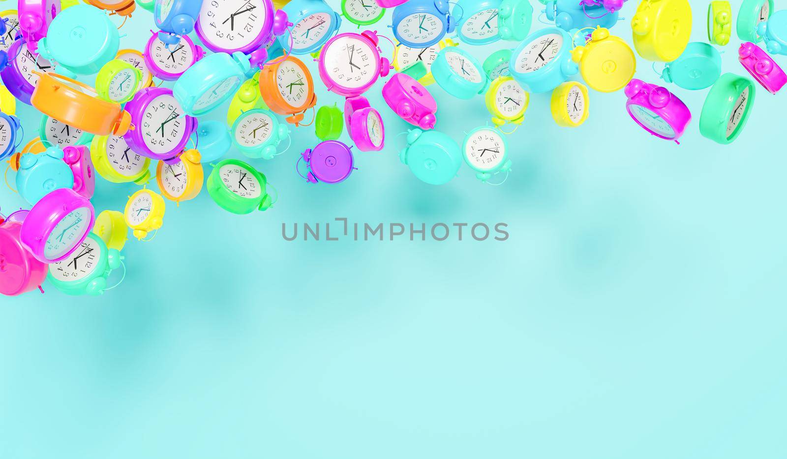 many alarm clocks of all colors floating in the air with space for text. 3d render