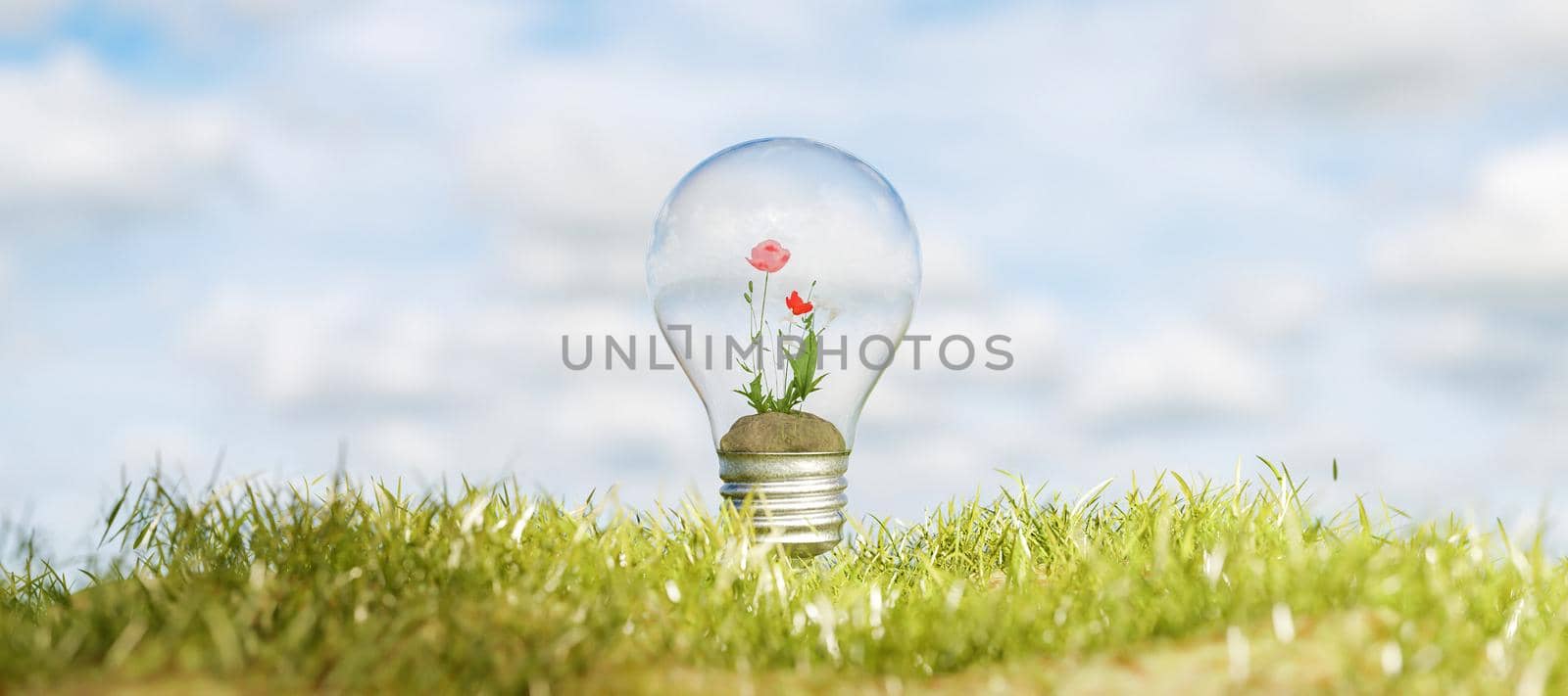 light bulb with flowers inside on grass. environmental concept. 3d render