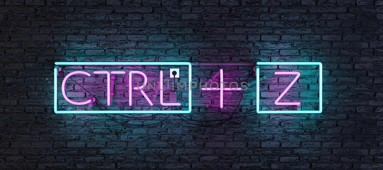 neon with pink and blue light with CTRL + Z sign on dark wall. lettering. 3d rendering