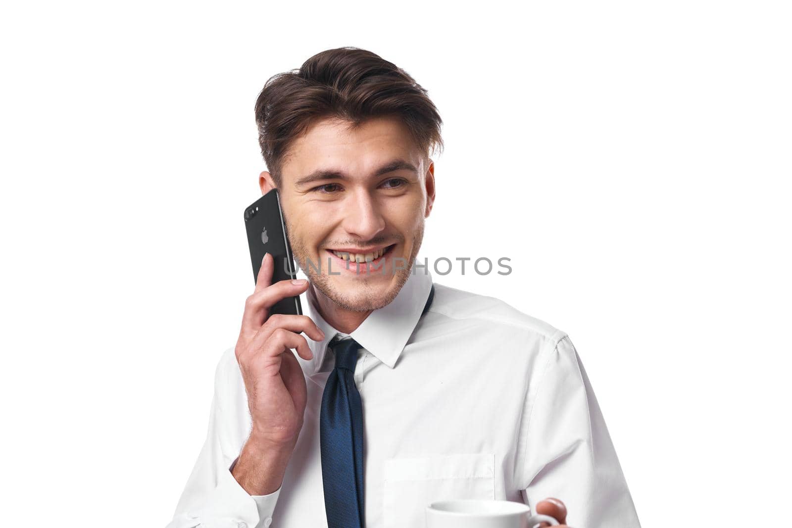 man phone communication success work office isolated background by Vichizh
