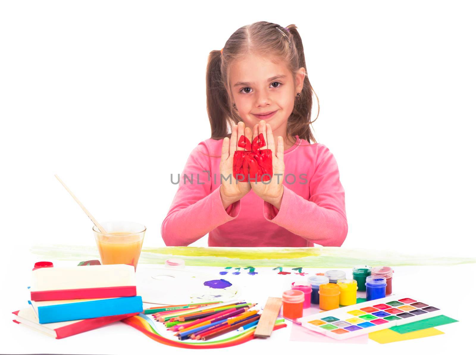 dreamy child girl with pencils, girl draws a box with gifts by aprilphoto