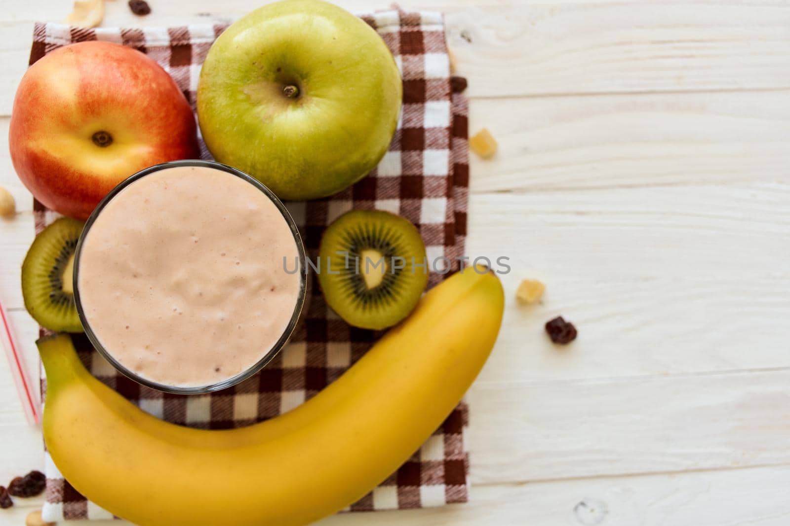 fresh fruit cocktail breakfast dessert organic wood background by Vichizh