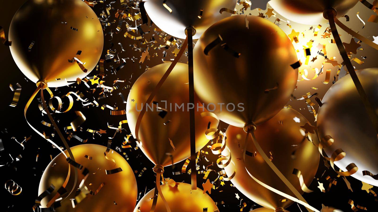 Gold and silver balloon with foil confetti falling on black background 3d render