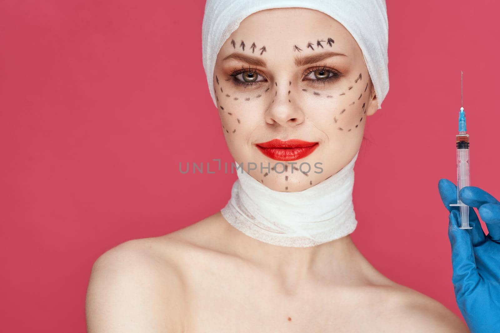beautiful woman Red lips plastic surgery operation bare shoulders pink background by Vichizh