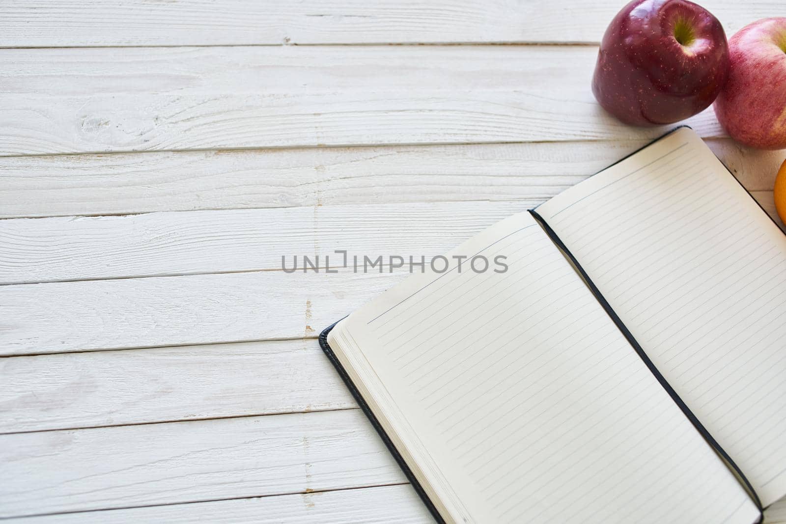 diet notebook fruit healthy food breakfast light background. High quality photo