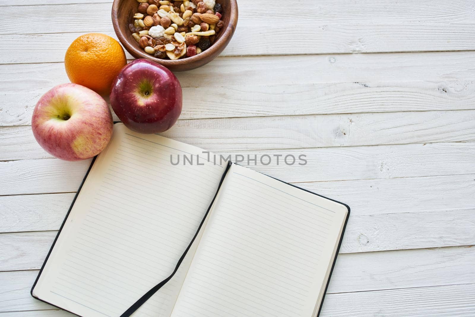 fruit cereals proper nutrition notepad breakfast diet top view. High quality photo