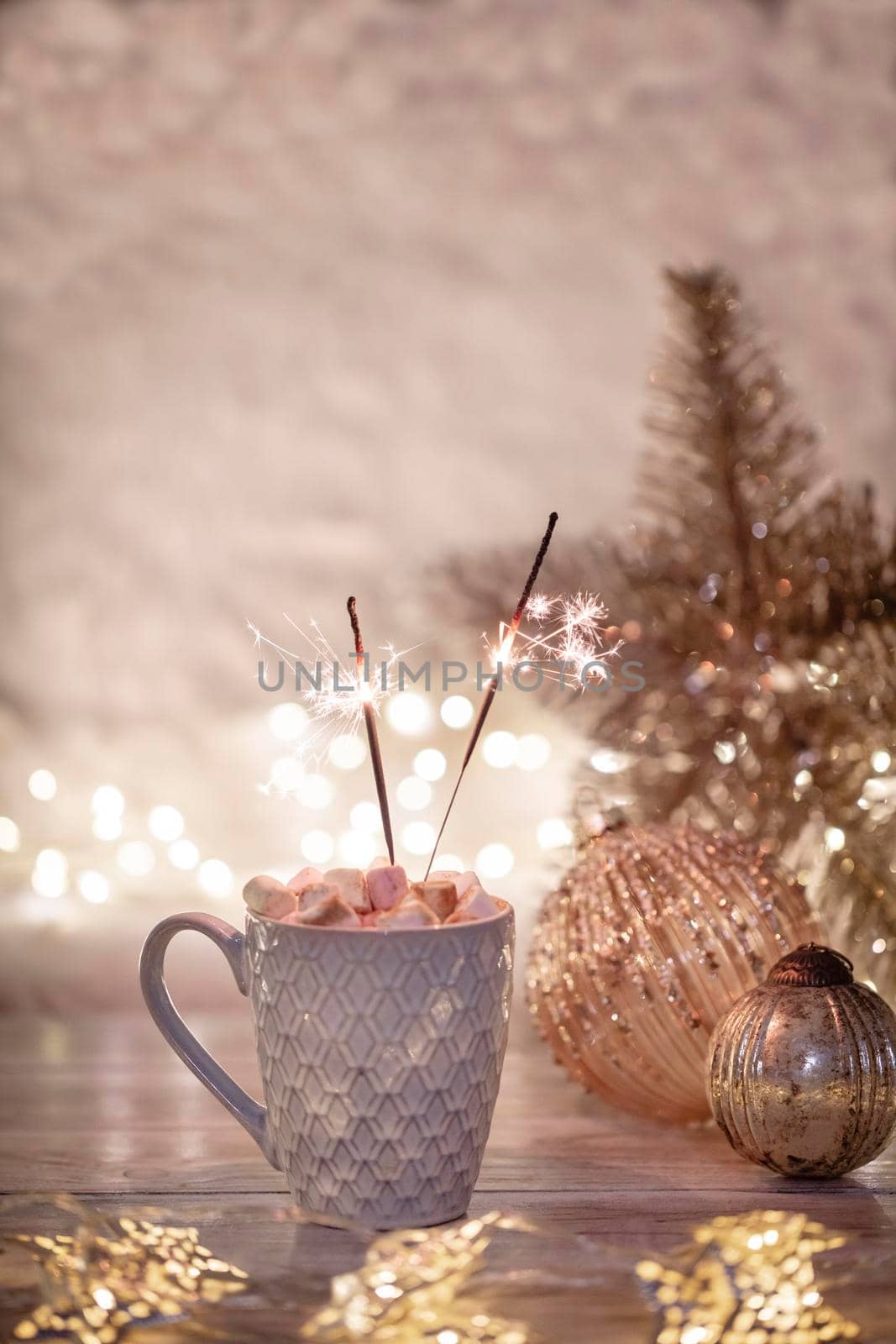 Cozy winter composition with a cup and Hot chocolate with marshmallow.