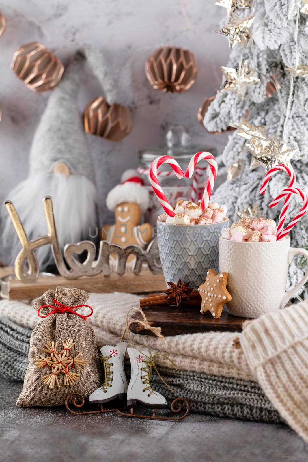 Cozy christmas composition with a cup and cookies. Hot chocolate with marshmallow.