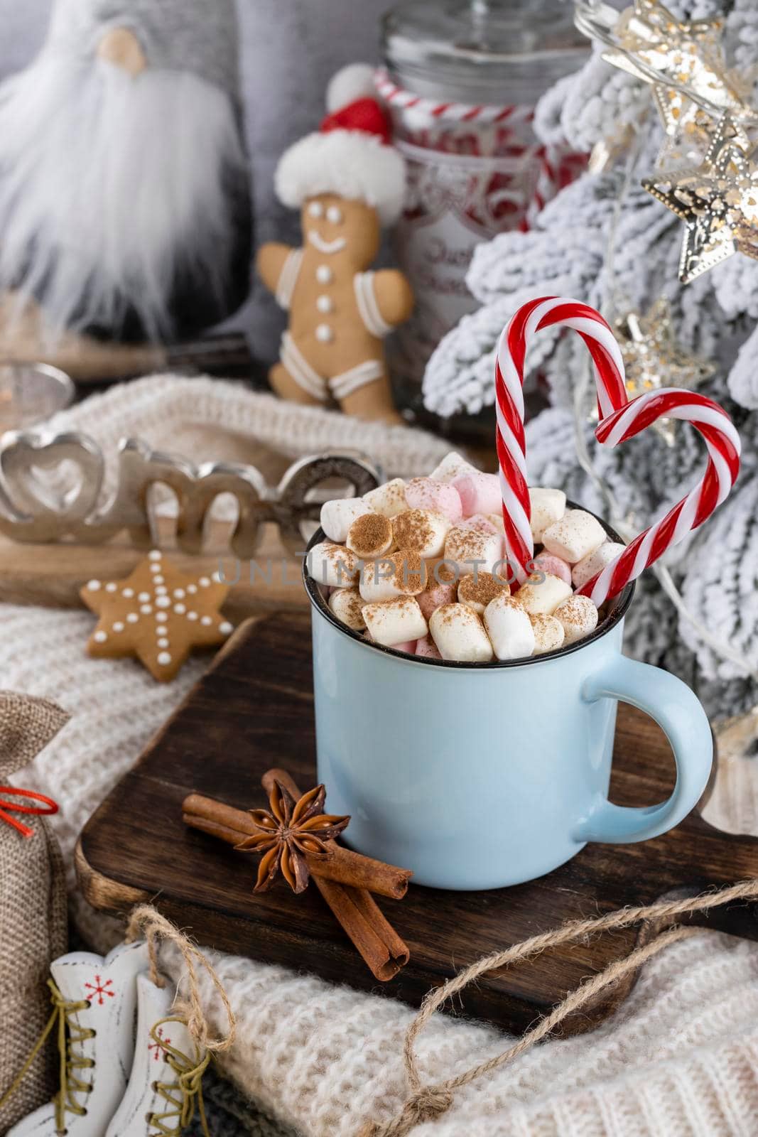 Cozy christmas composition with a cup and cookies. Hot chocolate with marshmallow.