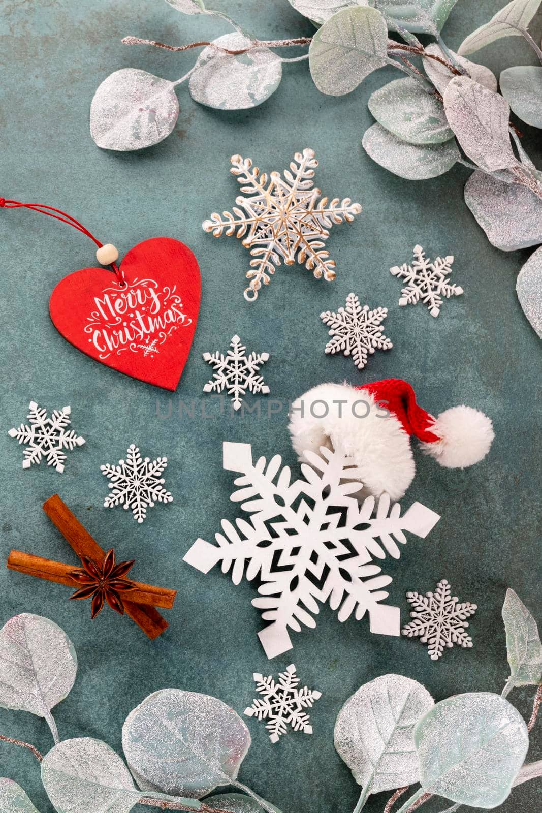 Festive background with christmas decoration. Copy space, winter holidays greeting card, flat lay, top view.