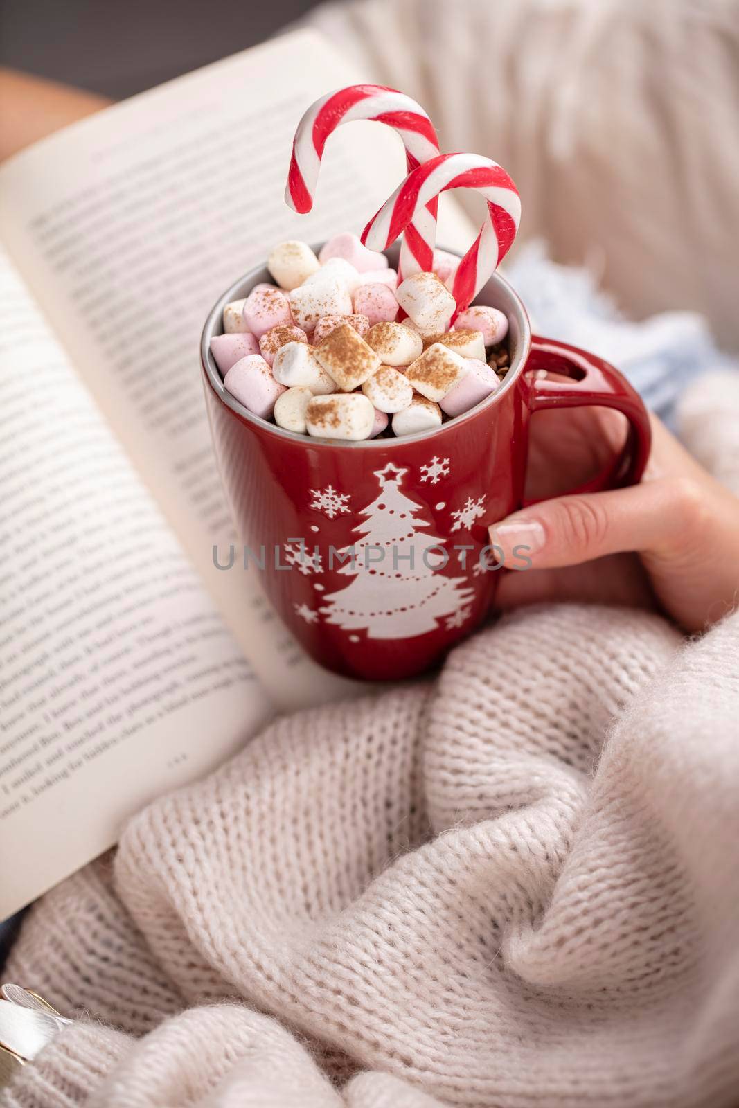 Girl in knitted wool sweater is holding a mug with hot chocolate with marshmallow. by gitusik