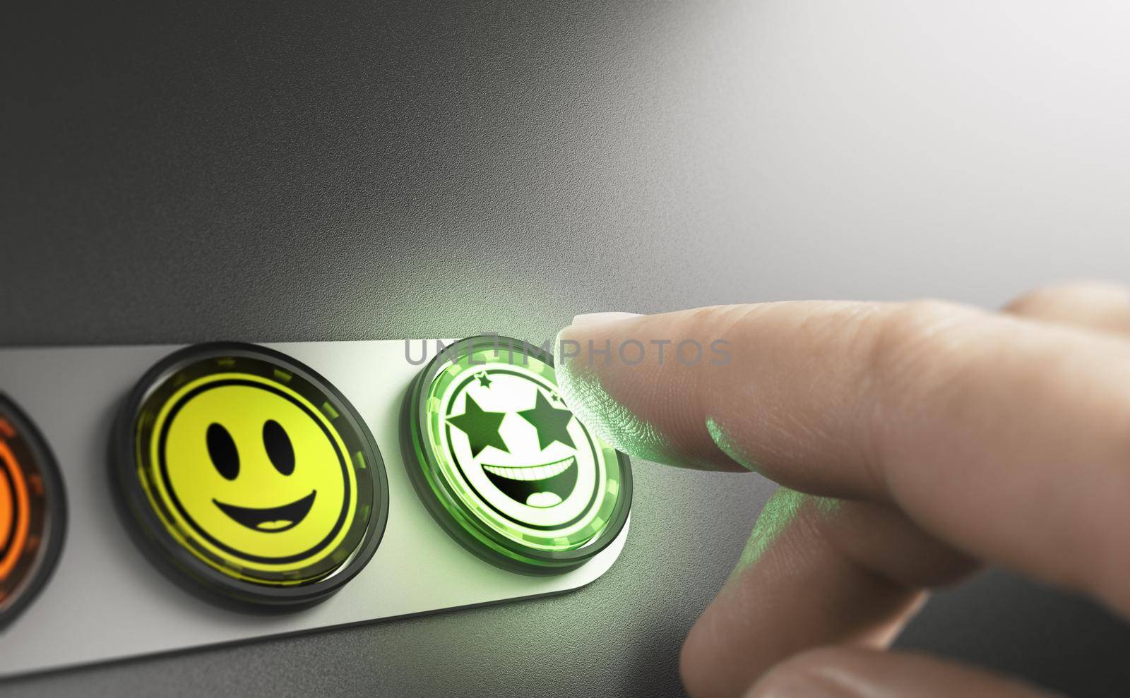 Man pressing a very positive feedback button. Concept of an amazing customer experience (CX). Composite image between a hand photography and a 3D background.