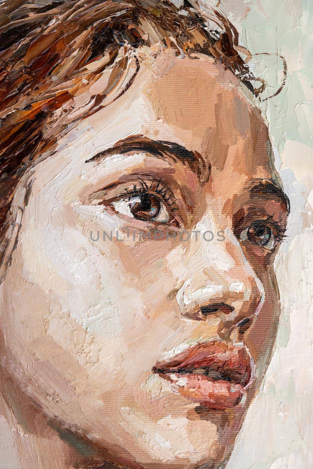 Brown-eyed girl on a white background. Portrait of brown haird women. Oil painting on canvas.
