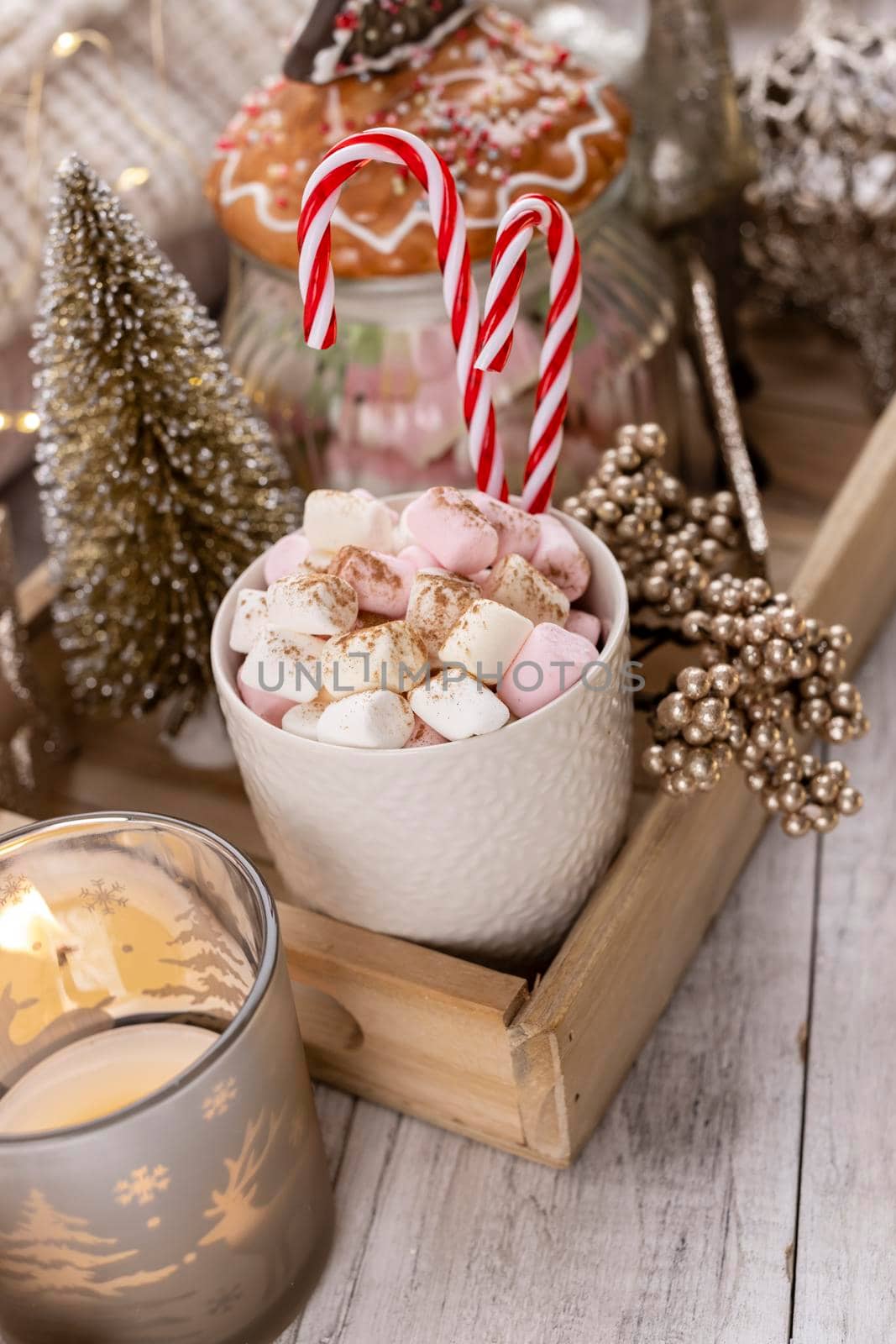 Christmas candy cane heart shape, bokeh background. by gitusik
