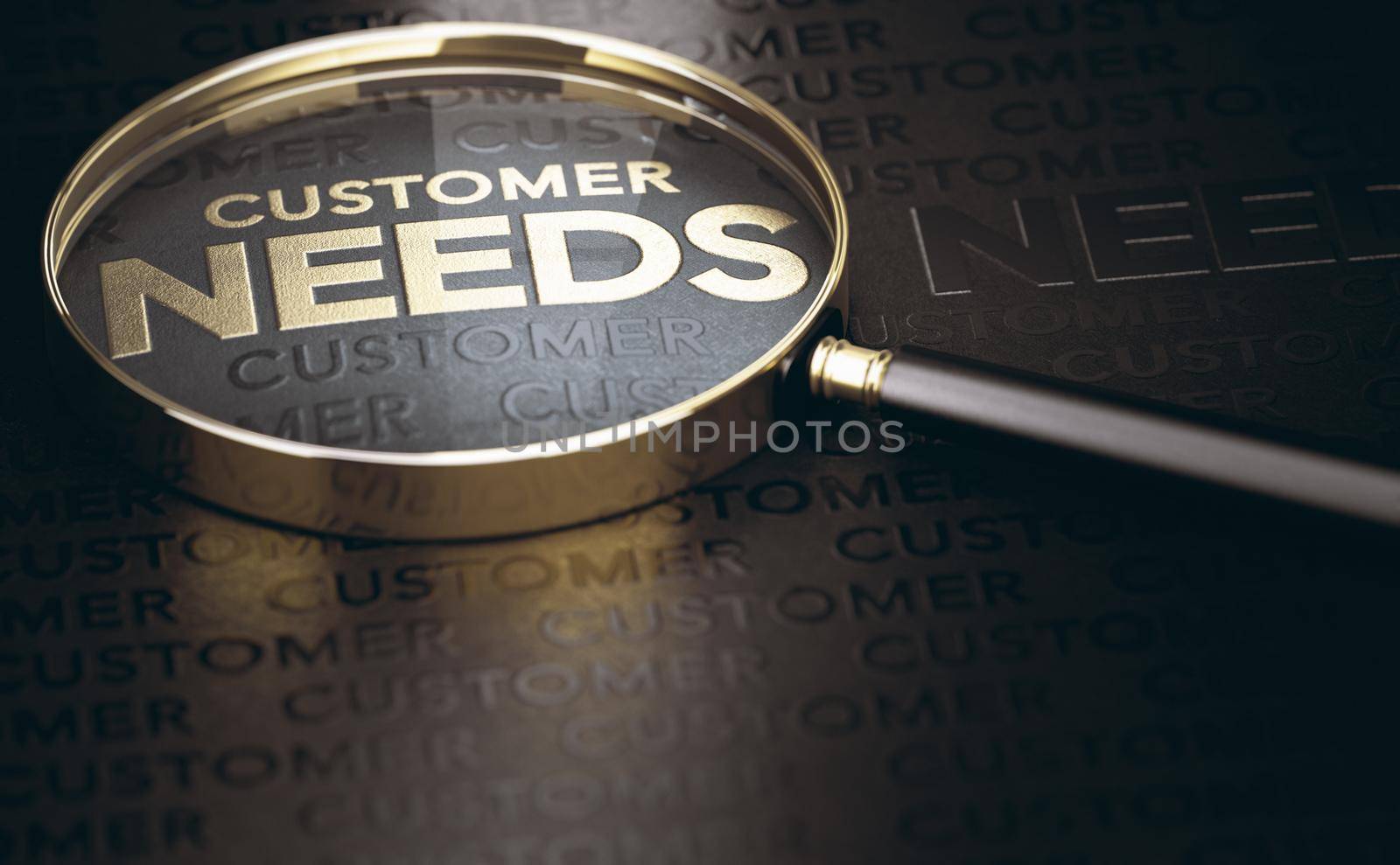 Magnifying glass over the text customer needs written in golden letters. Black and gold background. 3d illustration.