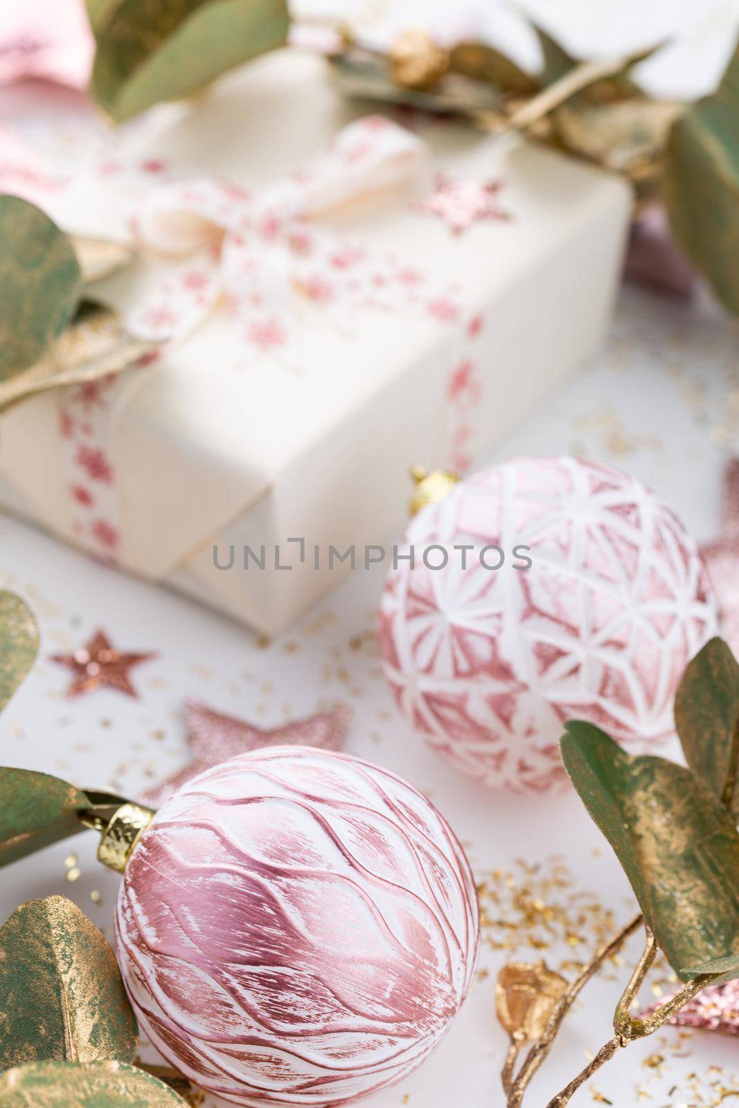 Christmas composition. Decorations on white background. Christmas, winter, new year concept. Flat lay, top view, copy space