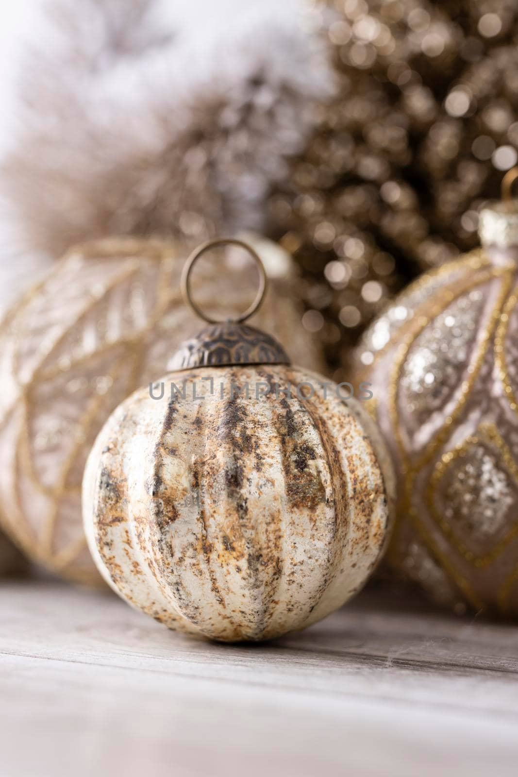 Golden christmas balls with bokeh background. by gitusik