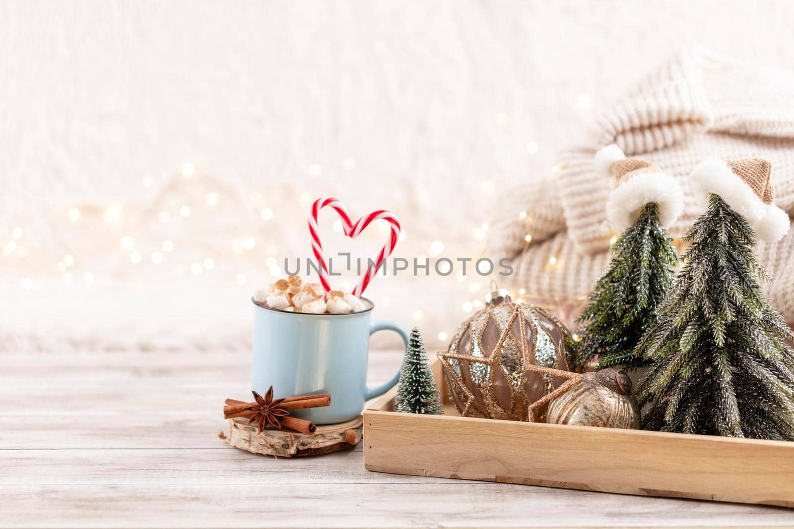 Christmas festive cozy decor still life on wooden background, concept of home comfort and holiday.