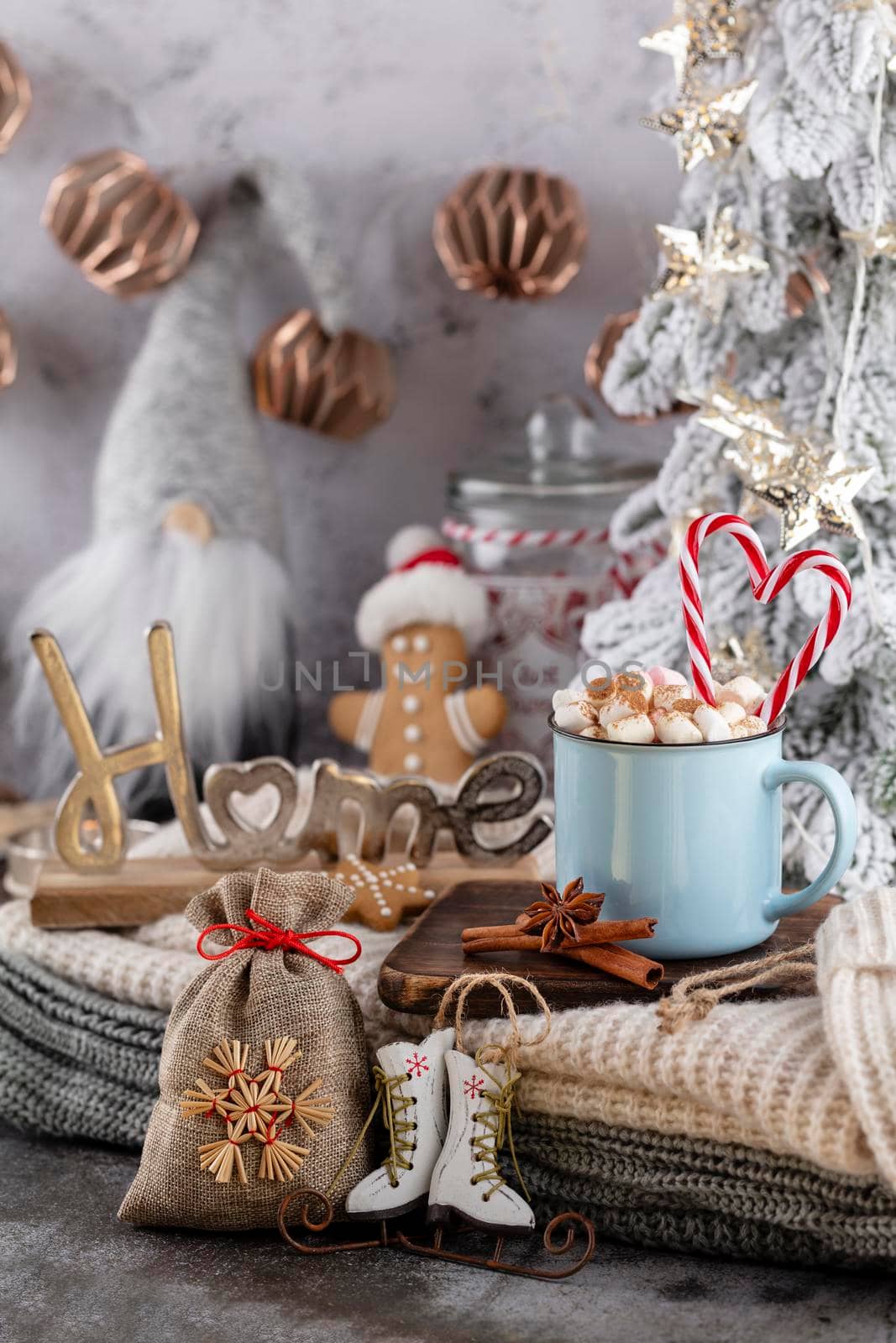 Gingerbread with mug of hot chocolate and candy cane. by gitusik