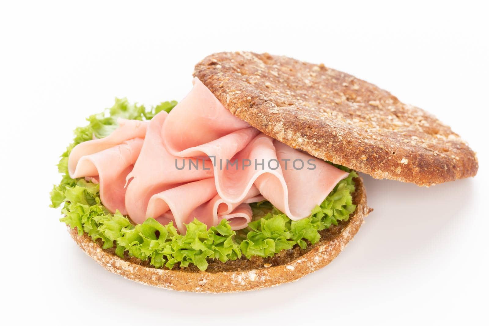 Sandwich with pork ham on white background.