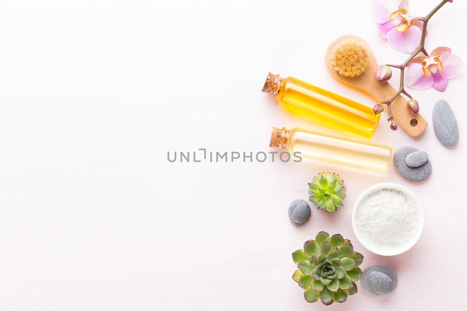 Spa background with handmade bio cosmetic and  cactus composition, flat lay, space for a text - Image. by gitusik