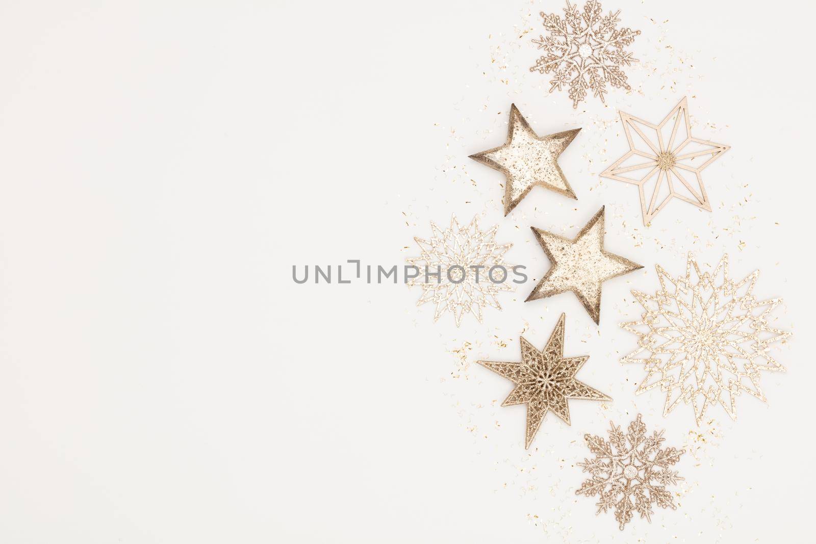 Christmas flatlay decor background on the white wooden table. by gitusik