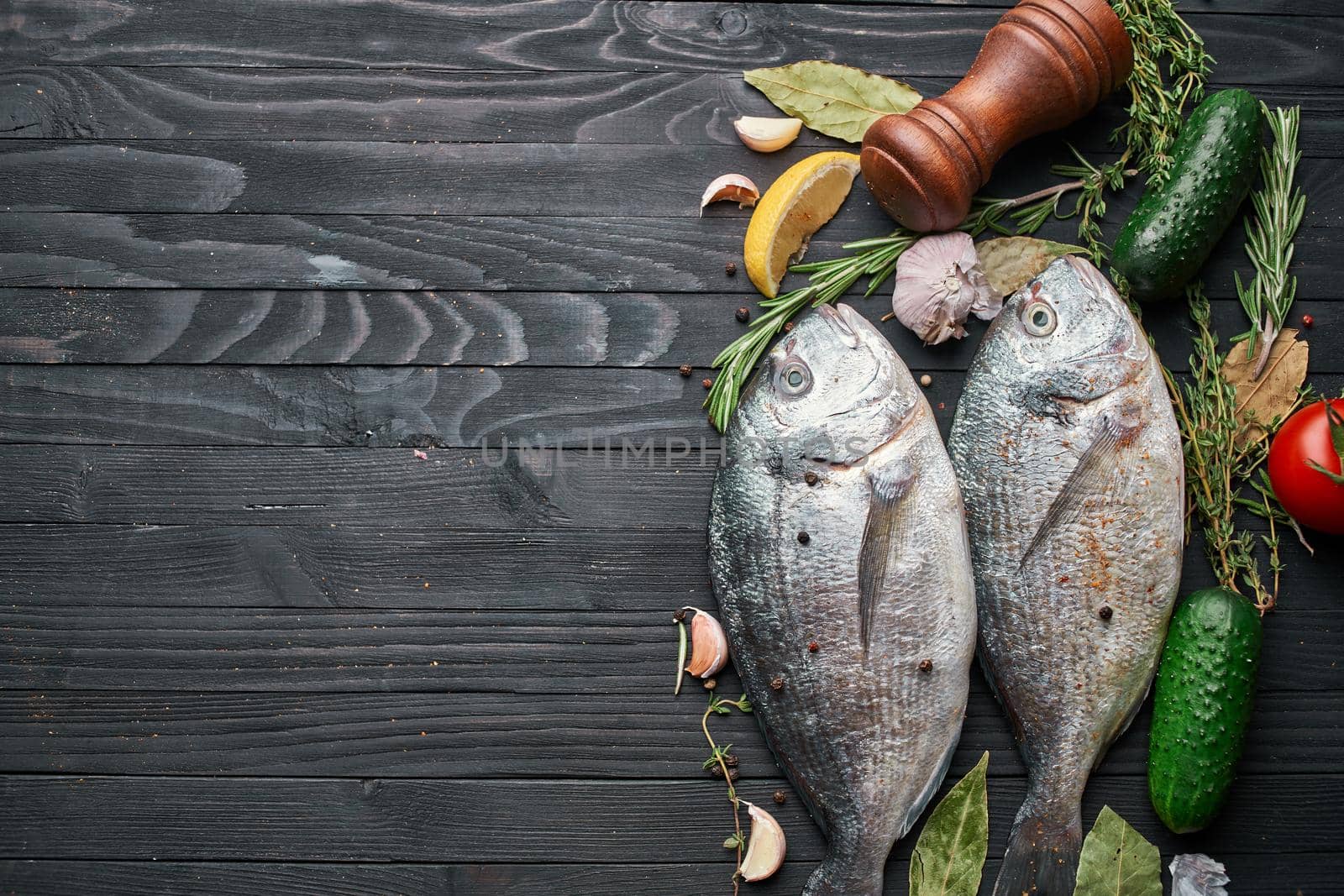 fresh fish ingredients wood board restaurant delicacy. High quality photo