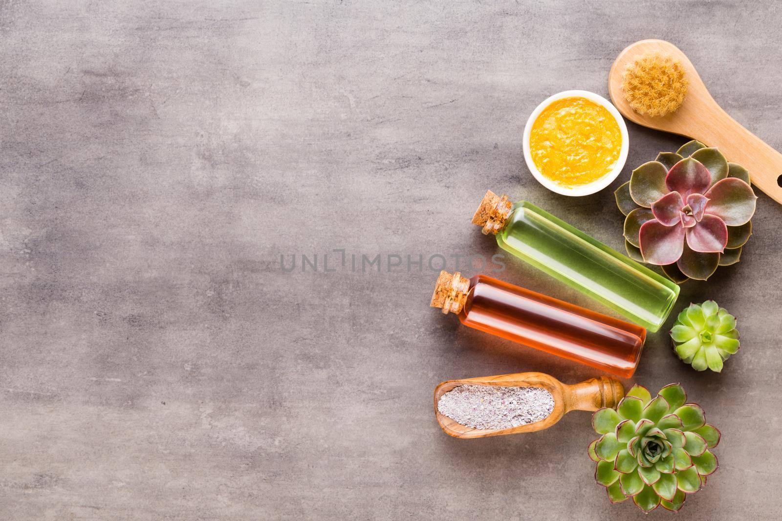 Spa background with hand made bio cosmetic and  cactus composition, flat lay, space for a text - Image. by gitusik
